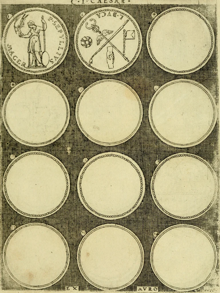 An illustration from Omnivm Caesarvm verissimae imagines ex antiqvis nvmismatis desvmptae : addita per brevi civvsqve vitae descriptiones ac diligenti eorvm qvae reperiri potvervnt nvmismatvm aversae partis delineatione ..., 1554, leaf 15