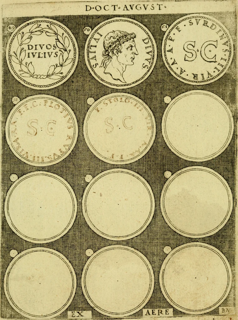 An illustration from Omnivm Caesarvm verissimae imagines ex antiqvis nvmismatis desvmptae : addita per brevi civvsqve vitae descriptiones ac diligenti eorvm qvae reperiri potvervnt nvmismatvm aversae partis delineatione ..., 1554, leaf 22