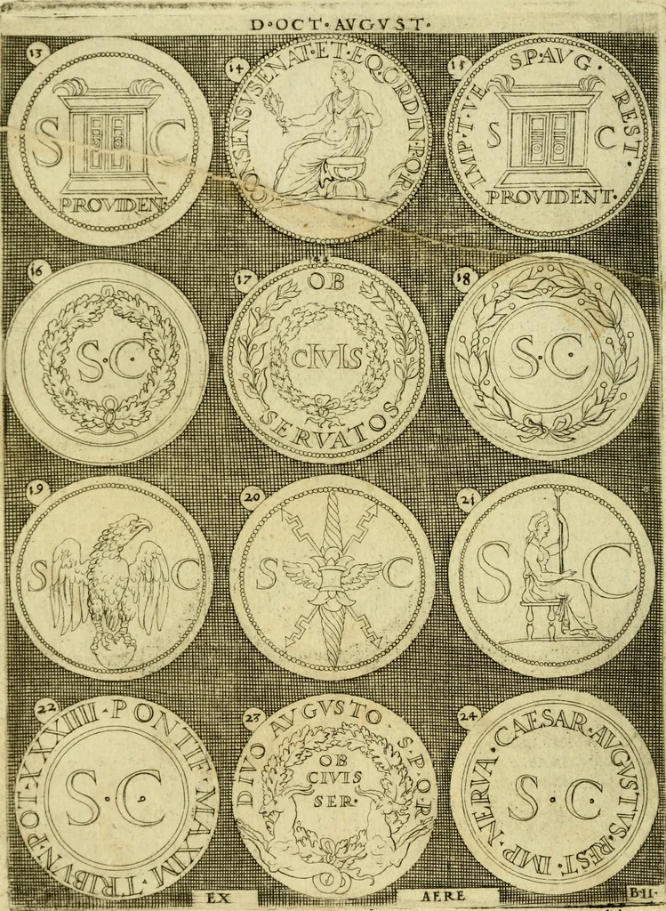 An illustration from Omnivm Caesarvm verissimae imagines ex antiqvis nvmismatis desvmptae : addita per brevi civvsqve vitae descriptiones ac diligenti eorvm qvae reperiri potvervnt nvmismatvm aversae partis delineatione ..., 1554, leaf 25