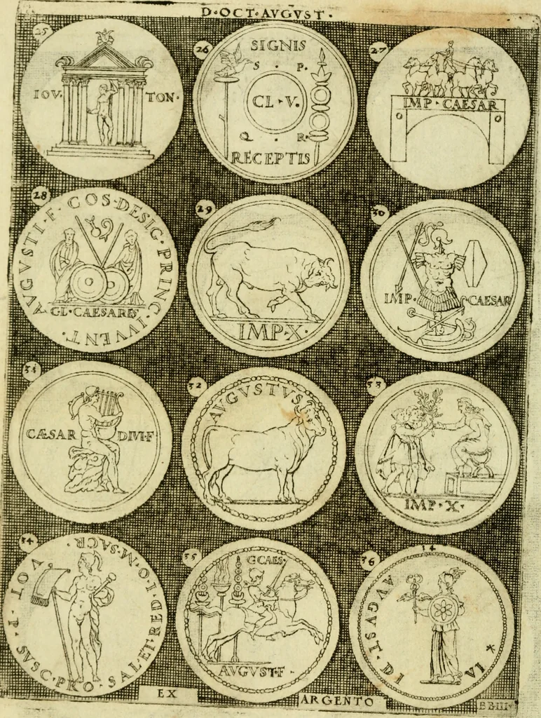 An illustration from Omnivm Caesarvm verissimae imagines ex antiqvis nvmismatis desvmptae : addita per brevi civvsqve vitae descriptiones ac diligenti eorvm qvae reperiri potvervnt nvmismatvm aversae partis delineatione ..., 1554, leaf 27