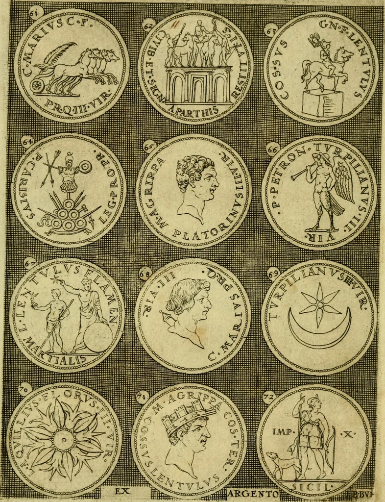 An illustration from Omnivm Caesarvm verissimae imagines ex antiqvis nvmismatis desvmptae : addita per brevi civvsqve vitae descriptiones ac diligenti eorvm qvae reperiri potvervnt nvmismatvm aversae partis delineatione ..., 1554, leaf 30