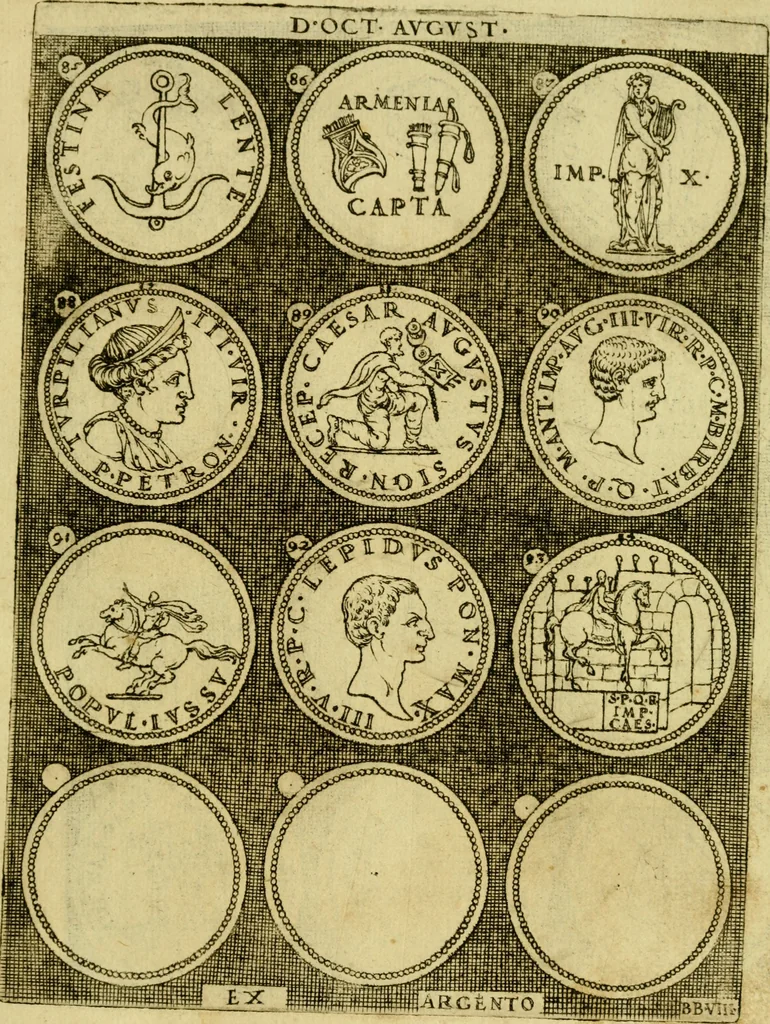 An illustration from Omnivm Caesarvm verissimae imagines ex antiqvis nvmismatis desvmptae : addita per brevi civvsqve vitae descriptiones ac diligenti eorvm qvae reperiri potvervnt nvmismatvm aversae partis delineatione ..., 1554, leaf 32