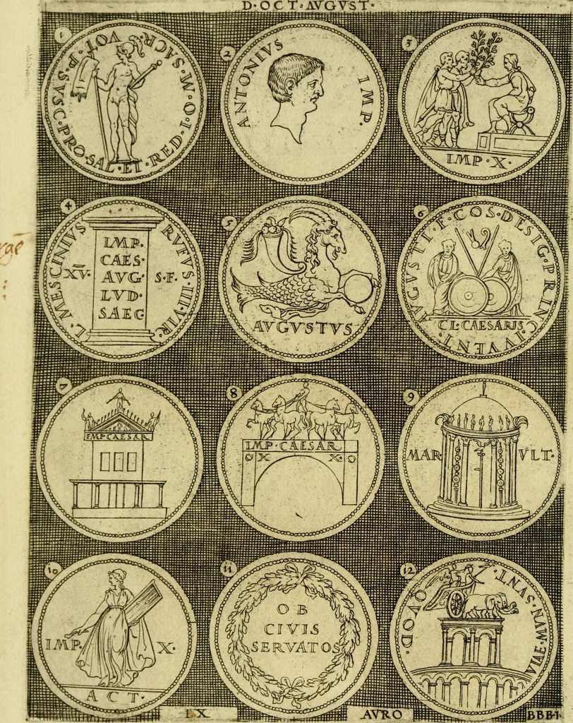An illustration from Omnivm Caesarvm verissimae imagines ex antiqvis nvmismatis desvmptae : addita per brevi civvsqve vitae descriptiones ac diligenti eorvm qvae reperiri potvervnt nvmismatvm aversae partis delineatione ..., 1554, leaf 33
