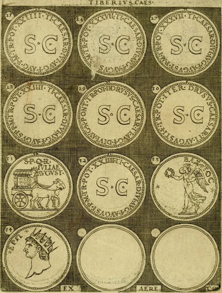 An illustration from Omnivm Caesarvm verissimae imagines ex antiqvis nvmismatis desvmptae : addita per brevi civvsqve vitae descriptiones ac diligenti eorvm qvae reperiri potvervnt nvmismatvm aversae partis delineatione ..., 1554, leaf 40
