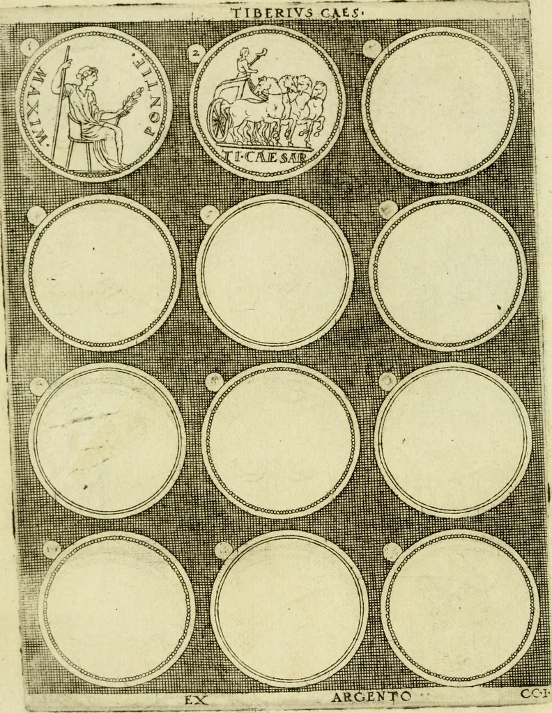 An illustration from Omnivm Caesarvm verissimae imagines ex antiqvis nvmismatis desvmptae : addita per brevi civvsqve vitae descriptiones ac diligenti eorvm qvae reperiri potvervnt nvmismatvm aversae partis delineatione ..., 1554, leaf 41