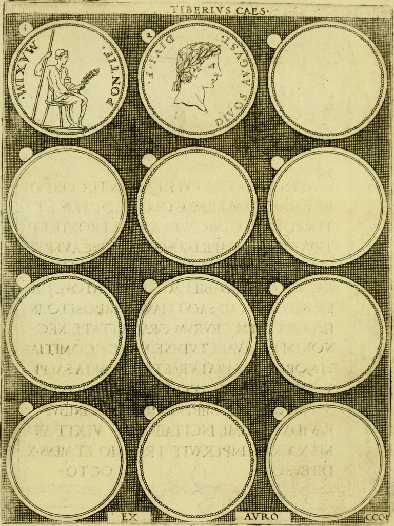 An illustration from Omnivm Caesarvm verissimae imagines ex antiqvis nvmismatis desvmptae : addita per brevi civvsqve vitae descriptiones ac diligenti eorvm qvae reperiri potvervnt nvmismatvm aversae partis delineatione ..., 1554, leaf 42