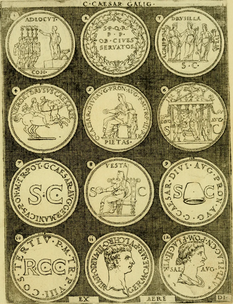 An illustration from Omnivm Caesarvm verissimae imagines ex antiqvis nvmismatis desvmptae : addita per brevi civvsqve vitae descriptiones ac diligenti eorvm qvae reperiri potvervnt nvmismatvm aversae partis delineatione ..., 1554, leaf 46