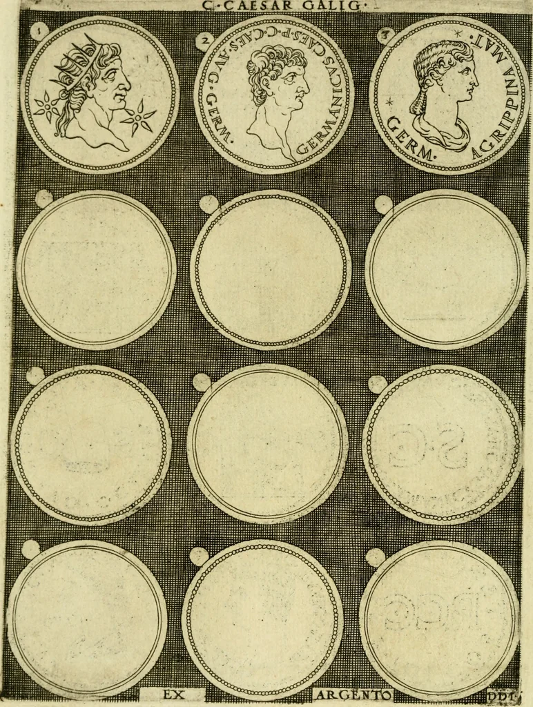 An illustration from Omnivm Caesarvm verissimae imagines ex antiqvis nvmismatis desvmptae : addita per brevi civvsqve vitae descriptiones ac diligenti eorvm qvae reperiri potvervnt nvmismatvm aversae partis delineatione ..., 1554, leaf 47