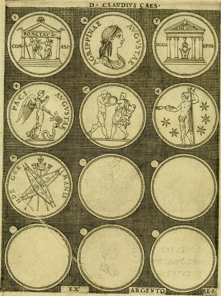 An illustration from Omnivm Caesarvm verissimae imagines ex antiqvis nvmismatis desvmptae : addita per brevi civvsqve vitae descriptiones ac diligenti eorvm qvae reperiri potvervnt nvmismatvm aversae partis delineatione ..., 1554, leaf 54
