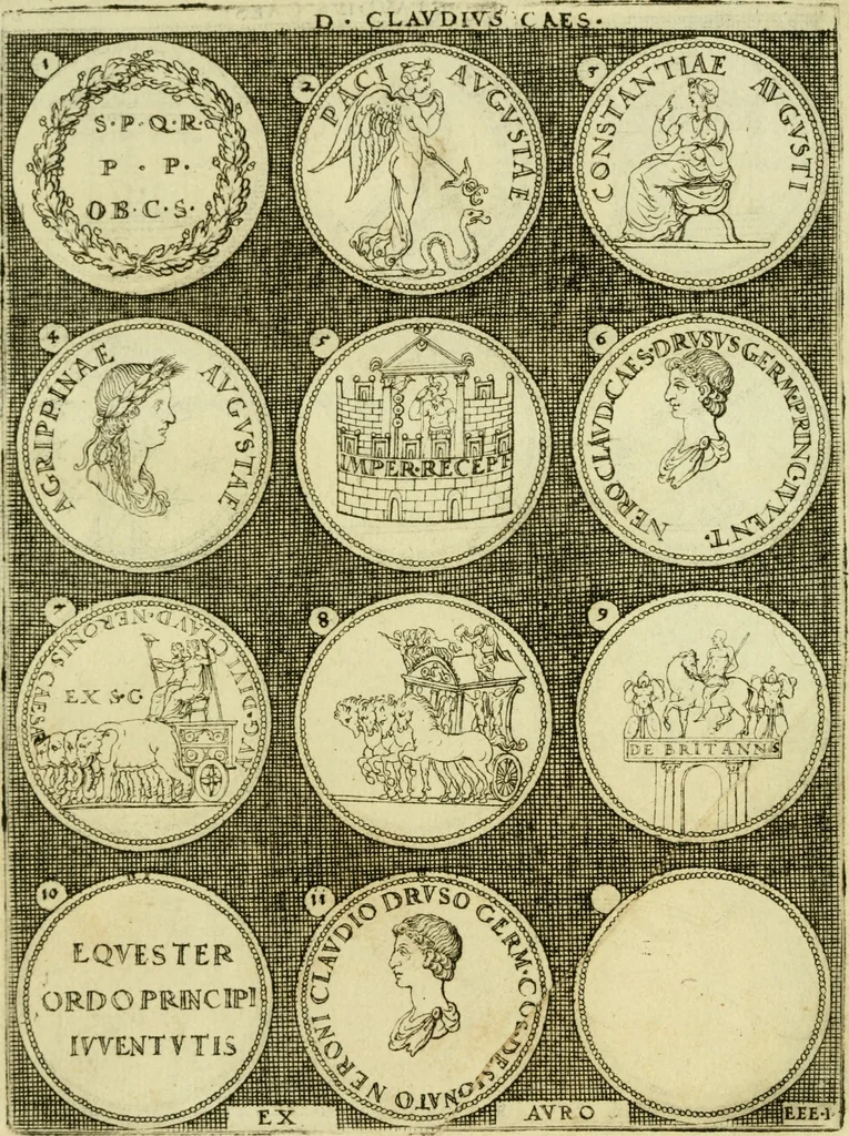 An illustration from Omnivm Caesarvm verissimae imagines ex antiqvis nvmismatis desvmptae : addita per brevi civvsqve vitae descriptiones ac diligenti eorvm qvae reperiri potvervnt nvmismatvm aversae partis delineatione ..., 1554, leaf 55