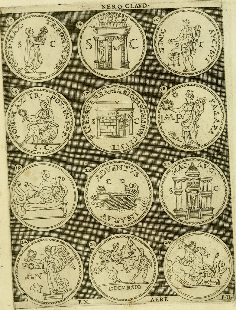 An illustration from Omnivm Caesarvm verissimae imagines ex antiqvis nvmismatis desvmptae : addita per brevi civvsqve vitae descriptiones ac diligenti eorvm qvae reperiri potvervnt nvmismatvm aversae partis delineatione ..., 1554, leaf 61