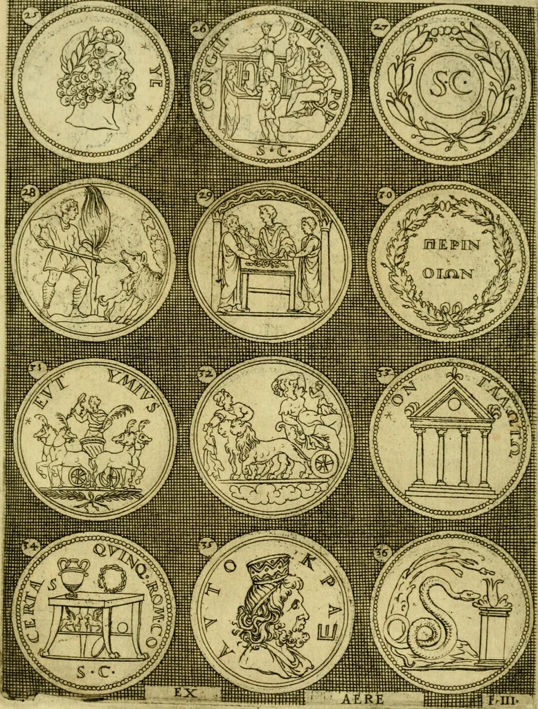 An illustration from Omnivm Caesarvm verissimae imagines ex antiqvis nvmismatis desvmptae : addita per brevi civvsqve vitae descriptiones ac diligenti eorvm qvae reperiri potvervnt nvmismatvm aversae partis delineatione ..., 1554, leaf 62