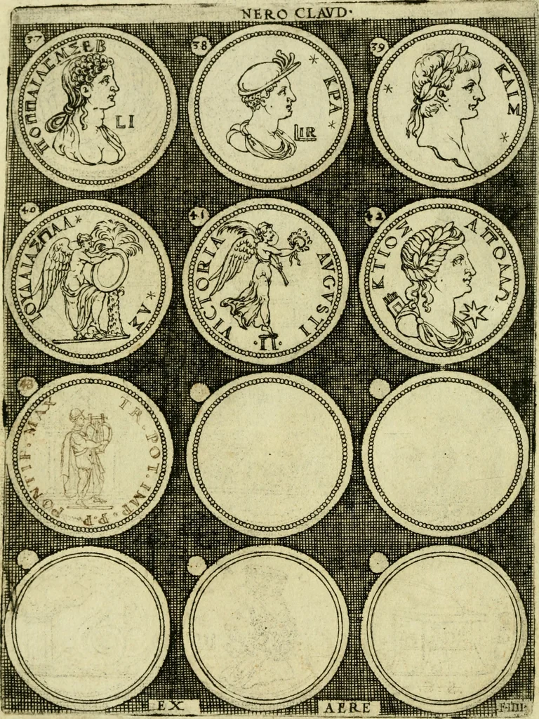 An illustration from Omnivm Caesarvm verissimae imagines ex antiqvis nvmismatis desvmptae : addita per brevi civvsqve vitae descriptiones ac diligenti eorvm qvae reperiri potvervnt nvmismatvm aversae partis delineatione ..., 1554, leaf 63
