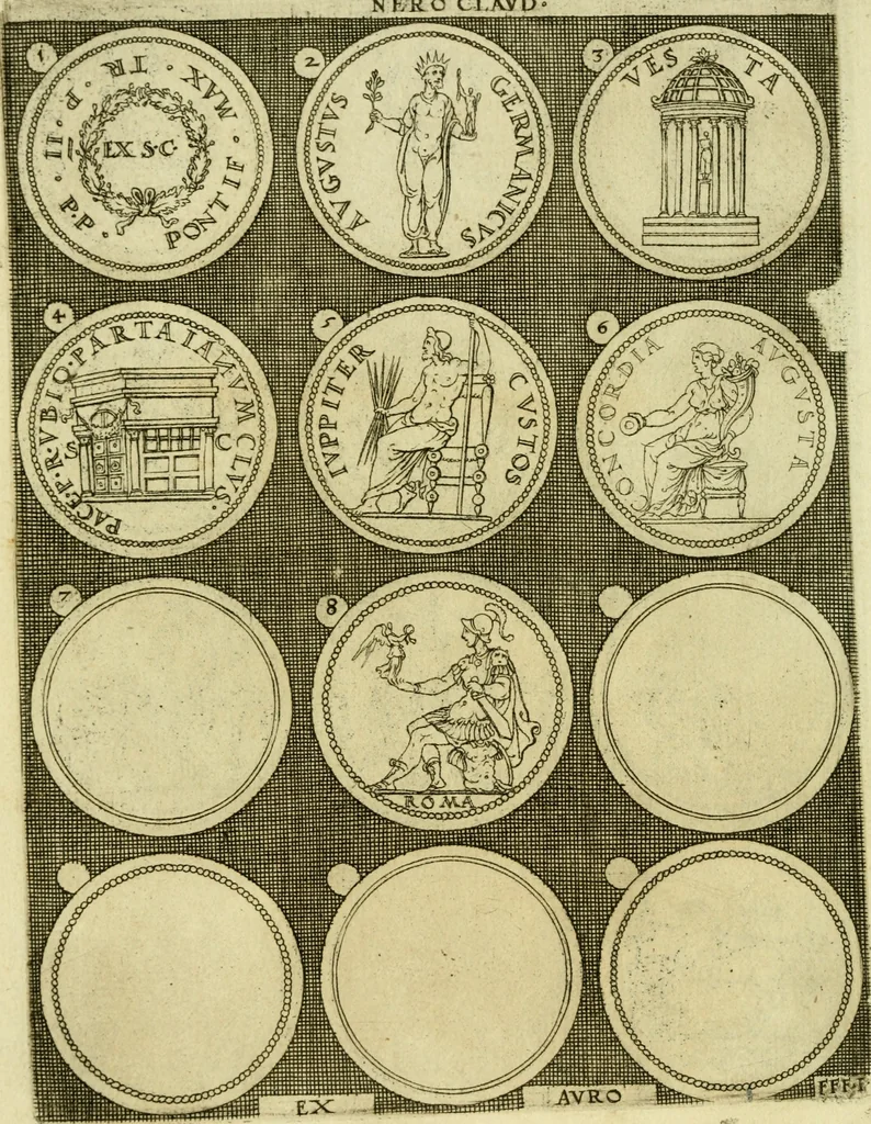 An illustration from Omnivm Caesarvm verissimae imagines ex antiqvis nvmismatis desvmptae : addita per brevi civvsqve vitae descriptiones ac diligenti eorvm qvae reperiri potvervnt nvmismatvm aversae partis delineatione ..., 1554, leaf 65
