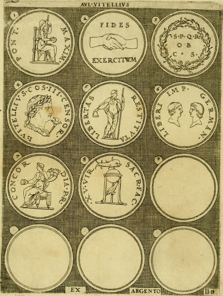 An illustration from Omnivm Caesarvm verissimae imagines ex antiqvis nvmismatis desvmptae : addita per brevi civvsqve vitae descriptiones ac diligenti eorvm qvae reperiri potvervnt nvmismatvm aversae partis delineatione ..., 1554, leaf 78