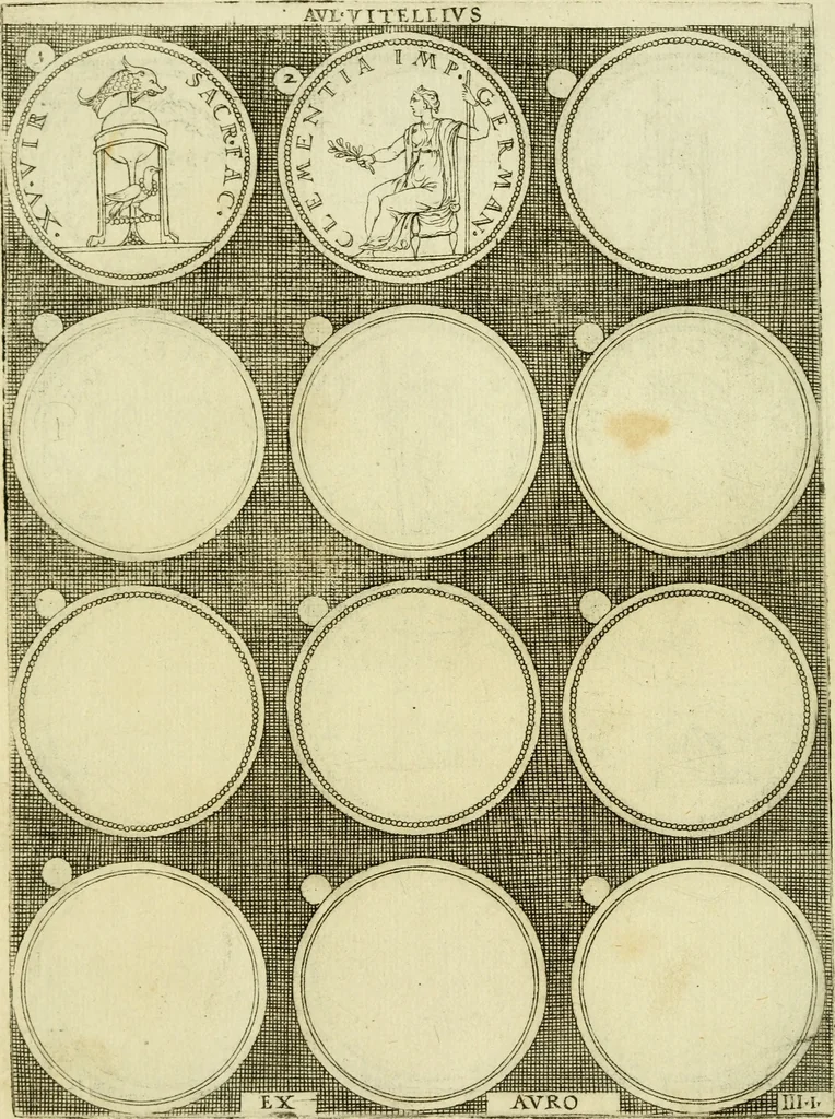 An illustration from Omnivm Caesarvm verissimae imagines ex antiqvis nvmismatis desvmptae : addita per brevi civvsqve vitae descriptiones ac diligenti eorvm qvae reperiri potvervnt nvmismatvm aversae partis delineatione ..., 1554, leaf 79