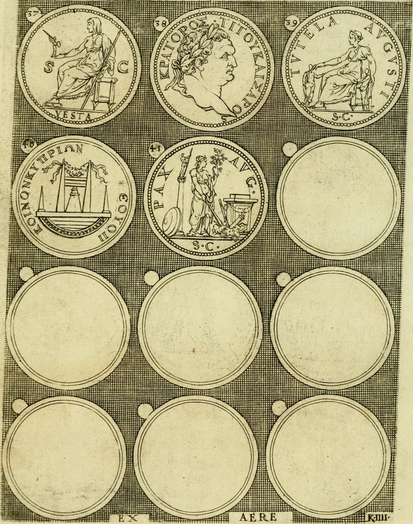 An illustration from Omnivm Caesarvm verissimae imagines ex antiqvis nvmismatis desvmptae : addita per brevi civvsqve vitae descriptiones ac diligenti eorvm qvae reperiri potvervnt nvmismatvm aversae partis delineatione ..., 1554, leaf 87