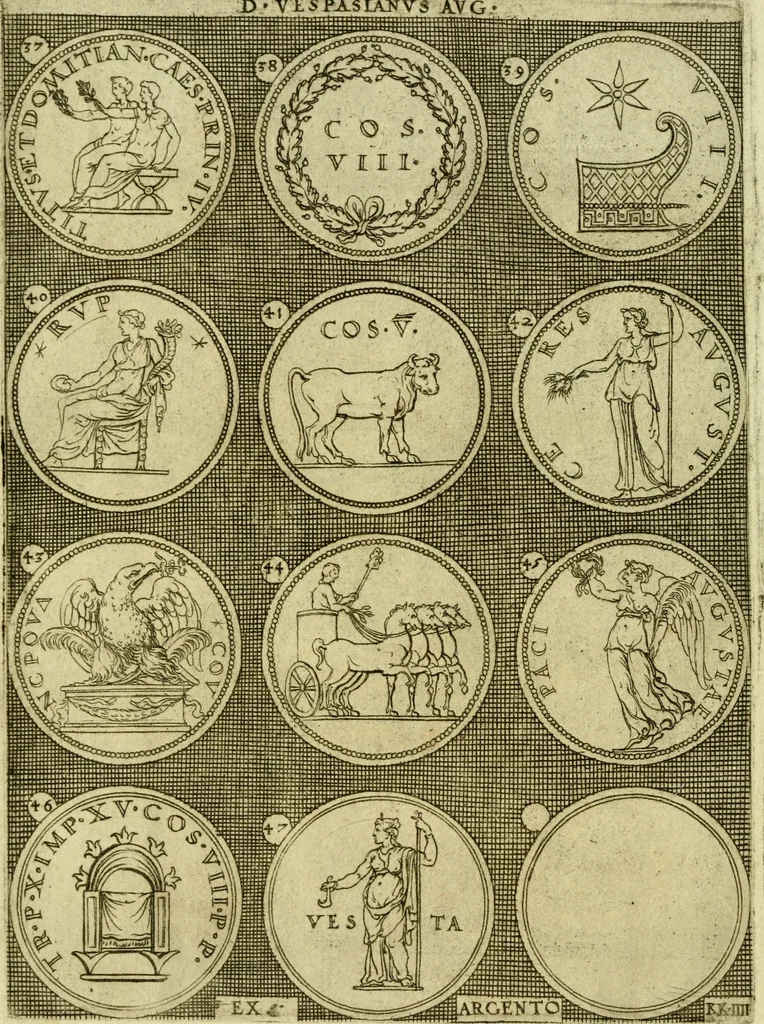 An illustration from Omnivm Caesarvm verissimae imagines ex antiqvis nvmismatis desvmptae : addita per brevi civvsqve vitae descriptiones ac diligenti eorvm qvae reperiri potvervnt nvmismatvm aversae partis delineatione ..., 1554, leaf 91