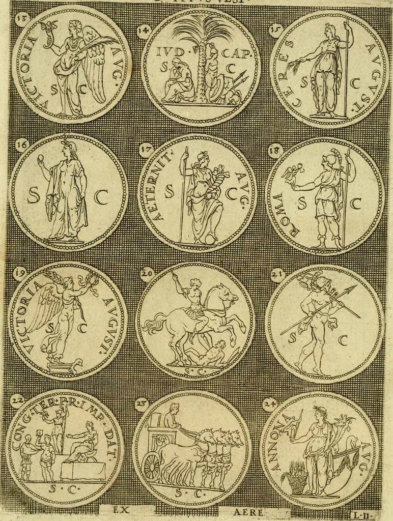 An illustration from Omnivm Caesarvm verissimae imagines ex antiqvis nvmismatis desvmptae : addita per brevi civvsqve vitae descriptiones ac diligenti eorvm qvae reperiri potvervnt nvmismatvm aversae partis delineatione ..., 1554, leaf 97