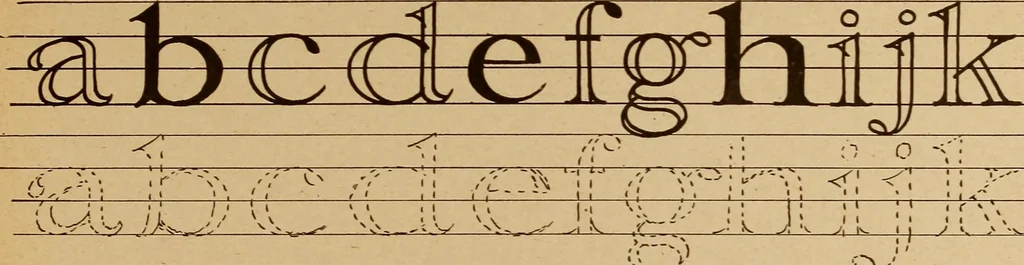 An illustration from One hundred loose leaf lessons in lettering with pen and brush; Gordon system, adapting the familiar music staff as an aid to correct alignment and construction of letters, introducing a series of alphabets for show card writing and commercial art work, 1920, leaf 50