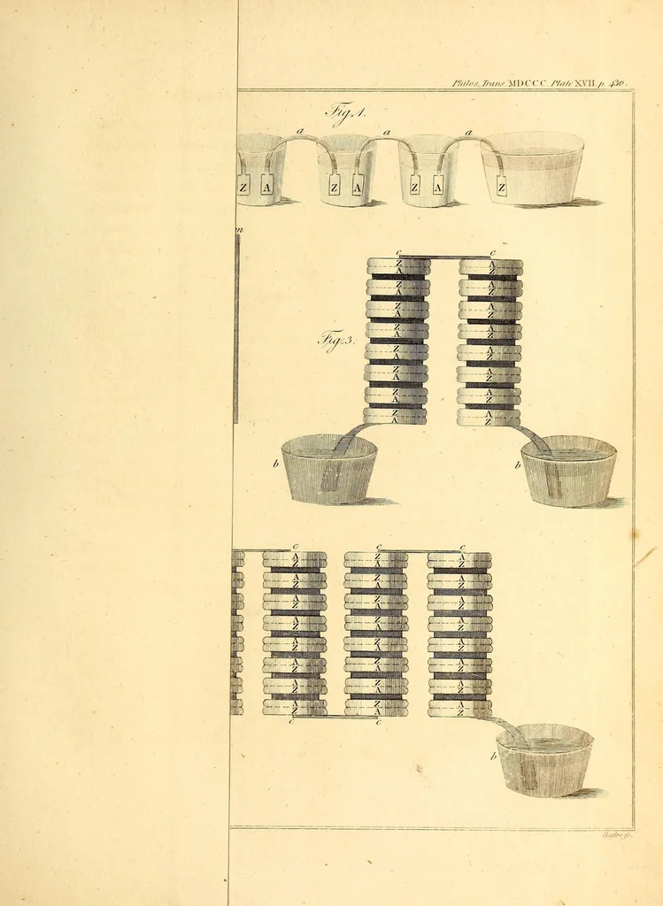 An illustration from On the electricity excited by the mere contact of conducting substances of different kinds, 1800, leaf 33