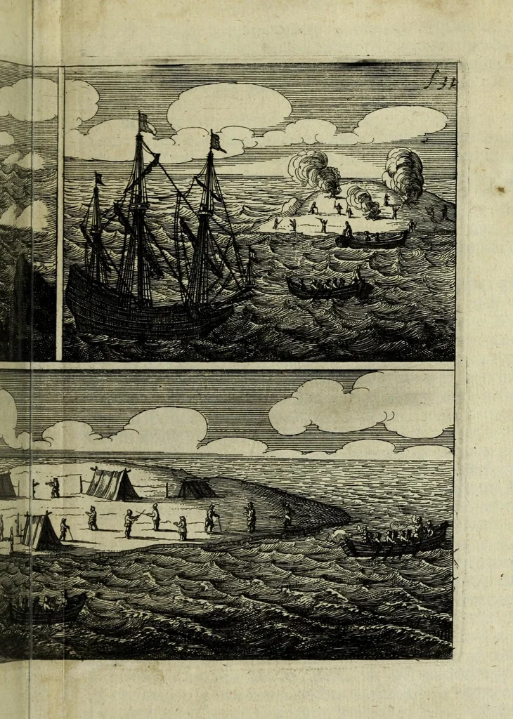 An illustration from Ongeluckige voyagie van't schip Batavia nae de Oost-Indien, gebleven op de Abrolhos van Frederick Houtman ... vytgevaren onder den E. Francoys Pelsert : vervatende, soo't verongelucken des schips, als de grouwelijcke moorderijen onder 't gebergde scheeps-volck, op't eylant Bataviaes kerck-hof voorgevallen ... Nevens, Een treur-bly-eynde onggheluck des Oost-Indische Compagnies dienaers in 't jaer 1636, weder-varen in 't conincklijcke hof van Siam, in de stadt Judia, onder de directie van den E. Jeremias van Vliet. Als mede de groote tyrannye van Abas, coninck van Persien, anno 1645 ..., 1647, leaf 53