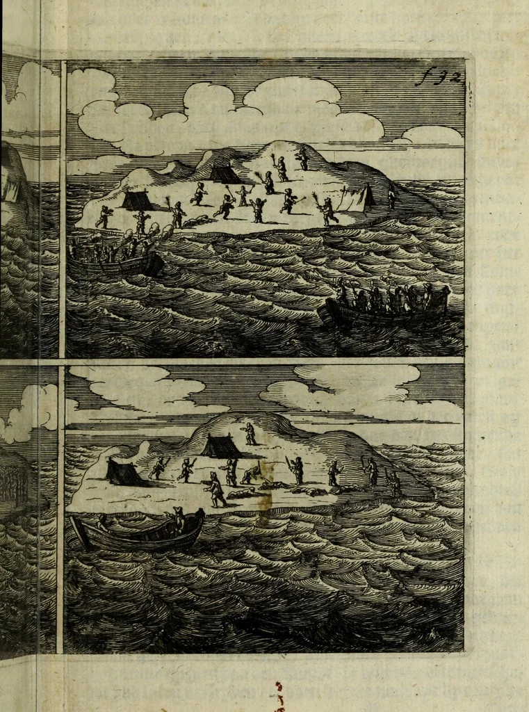 An illustration from Ongeluckige voyagie van't schip Batavia nae de Oost-Indien, gebleven op de Abrolhos van Frederick Houtman ... vytgevaren onder den E. Francoys Pelsert : vervatende, soo't verongelucken des schips, als de grouwelijcke moorderijen onder 't gebergde scheeps-volck, op't eylant Bataviaes kerck-hof voorgevallen ... Nevens, Een treur-bly-eynde onggheluck des Oost-Indische Compagnies dienaers in 't jaer 1636, weder-varen in 't conincklijcke hof van Siam, in de stadt Judia, onder de directie van den E. Jeremias van Vliet. Als mede de groote tyrannye van Abas, coninck van Persien, anno 1645 ..., 1647, leaf 59