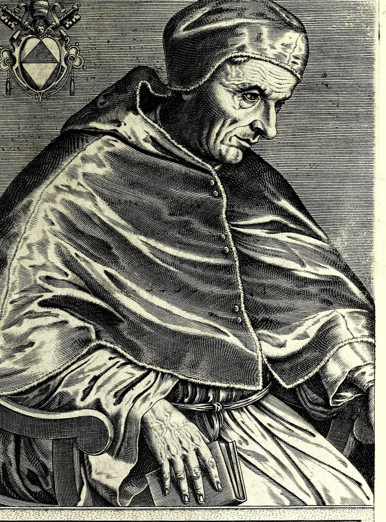 An illustration from Onvphrii Panvinii veronensis, fratris Eremitae Augustiniani, XXVII. pontificvm maximorvm elogia et imagines : accuratissime ad uiuum aeneis typeis delineatae, 1568, leaf 17