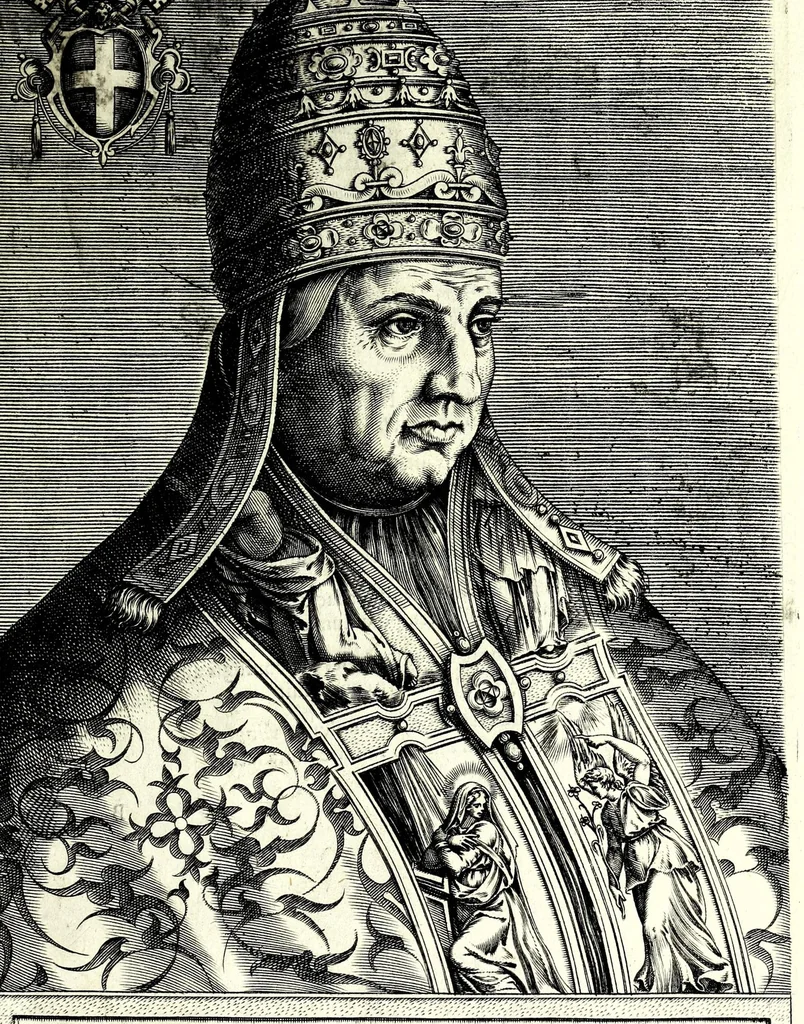 An illustration from Onvphrii Panvinii veronensis, fratris Eremitae Augustiniani, XXVII. pontificvm maximorvm elogia et imagines : accuratissime ad uiuum aeneis typeis delineatae, 1568, leaf 27