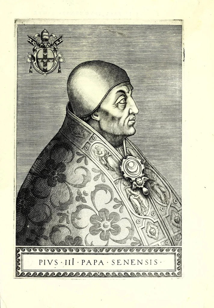An illustration from Onvphrii Panvinii veronensis, fratris Eremitae Augustiniani, XXVII. pontificvm maximorvm elogia et imagines : accuratissime ad uiuum aeneis typeis delineatae, 1568, leaf 43