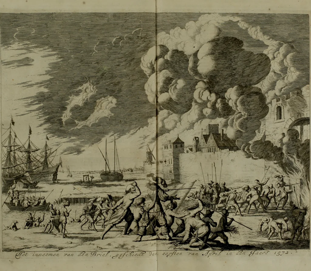 An illustration from Oorsprongk, Begin, en Vervolgh der Nederlandsche Oorlogen, beroerten, en Borgerlyke Oneenigheden : beginnende met d'opdracht der selve Landen, gedaen by Keyser Karel den Vijfden, aen sijnen Soon Konink Philippus van Spanjen, en eindigende met het einde van 't jaer M D C, 1679, leaf 427