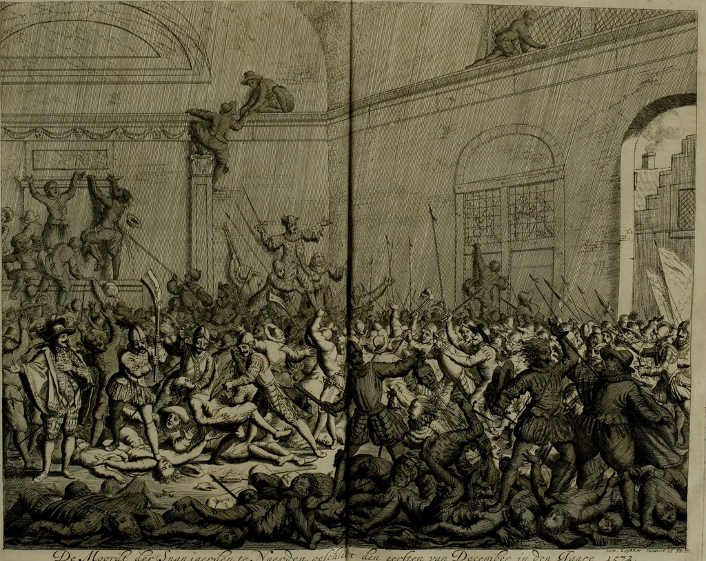 An illustration from Oorsprongk, Begin, en Vervolgh der Nederlandsche Oorlogen, beroerten, en Borgerlyke Oneenigheden : beginnende met d'opdracht der selve Landen, gedaen by Keyser Karel den Vijfden, aen sijnen Soon Konink Philippus van Spanjen, en eindigende met het einde van 't jaer M D C, 1679, leaf 487