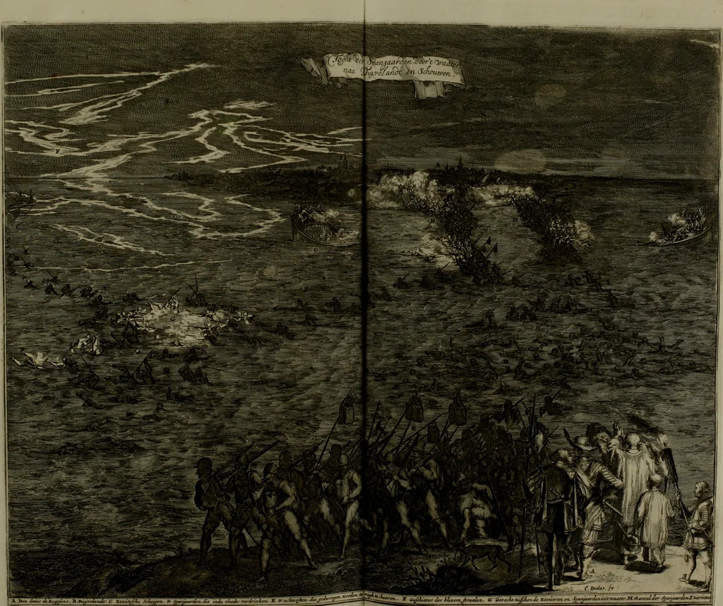 An illustration from Oorsprongk, Begin, en Vervolgh der Nederlandsche Oorlogen, beroerten, en Borgerlyke Oneenigheden : beginnende met d'opdracht der selve Landen, gedaen by Keyser Karel den Vijfden, aen sijnen Soon Konink Philippus van Spanjen, en eindigende met het einde van 't jaer M D C, 1679, leaf 743