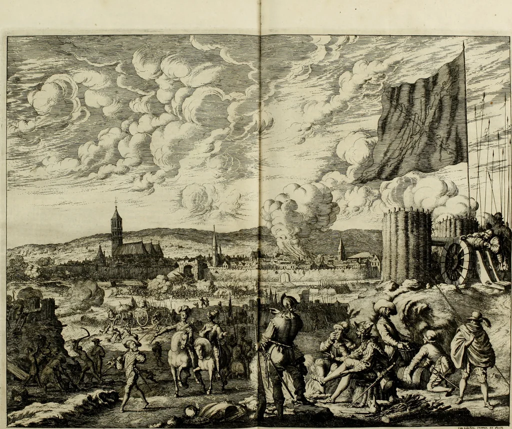 An illustration from Oorsprongk, Begin, en Vervolgh der Nederlandsche Oorlogen, beroerten, en Borgerlyke Oneenigheden : beginnende met d'opdracht der selve Landen, gedaen by Keyser Karel den Vijfden, aen sijnen Soon Konink Philippus van Spanjen, en eindigende met het einde van 't jaer M D C, 1679, leaf 252