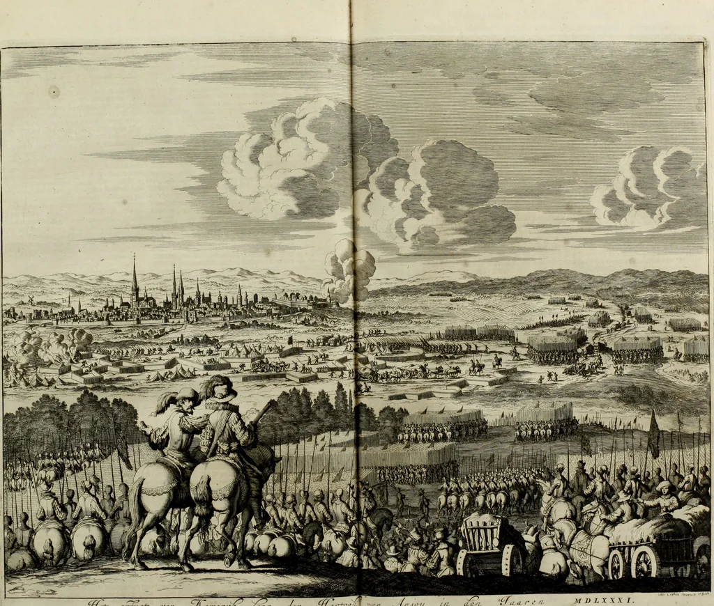 An illustration from Oorsprongk, Begin, en Vervolgh der Nederlandsche Oorlogen, beroerten, en Borgerlyke Oneenigheden : beginnende met d'opdracht der selve Landen, gedaen by Keyser Karel den Vijfden, aen sijnen Soon Konink Philippus van Spanjen, en eindigende met het einde van 't jaer M D C, 1679, leaf 313
