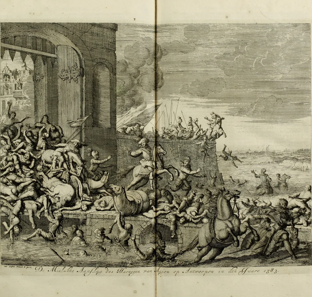 An illustration from Oorsprongk, Begin, en Vervolgh der Nederlandsche Oorlogen, beroerten, en Borgerlyke Oneenigheden : beginnende met d'opdracht der selve Landen, gedaen by Keyser Karel den Vijfden, aen sijnen Soon Konink Philippus van Spanjen, en eindigende met het einde van 't jaer M D C, 1679, leaf 374