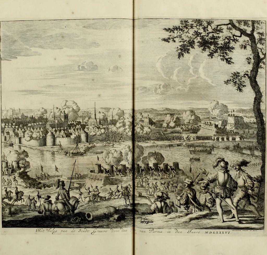 An illustration from Oorsprongk, Begin, en Vervolgh der Nederlandsche Oorlogen, beroerten, en Borgerlyke Oneenigheden : beginnende met d'opdracht der selve Landen, gedaen by Keyser Karel den Vijfden, aen sijnen Soon Konink Philippus van Spanjen, en eindigende met het einde van 't jaer M D C, 1679, leaf 751