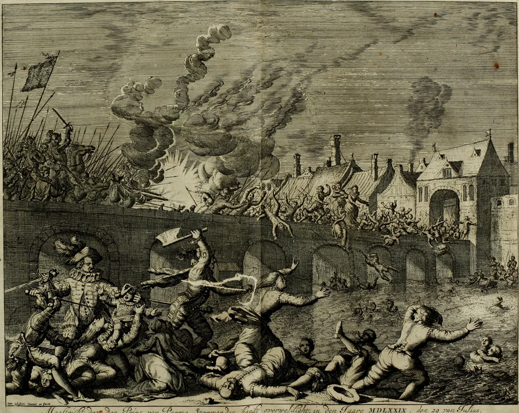 An illustration from Oorsprongk, Begin, en Vervolgh der Nederlandsche Oorlogen, beroerten, en Borgerlyke Oneenigheden : beginnende met d'opdracht der selve Landen, gedaen by Keyser Karel den Vijfden, aen sijnen Soon Konink Philippus van Spanjen, en eindigende met het einde van 't jaer M D C, 1679, leaf 85