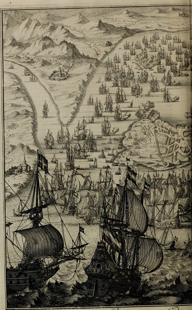 An illustration from Oorsprongk, Begin, en Vervolgh der Nederlandsche Oorlogen, beroerten, en Borgerlyke Oneenigheden : beginnende met d'opdracht der selve Landen, gedaen by Keyser Karel den Vijfden, aen sijnen Soon Konink Philippus van Spanjen, en eindigende met het einde van 't jaer M D C, 1679, leaf 260