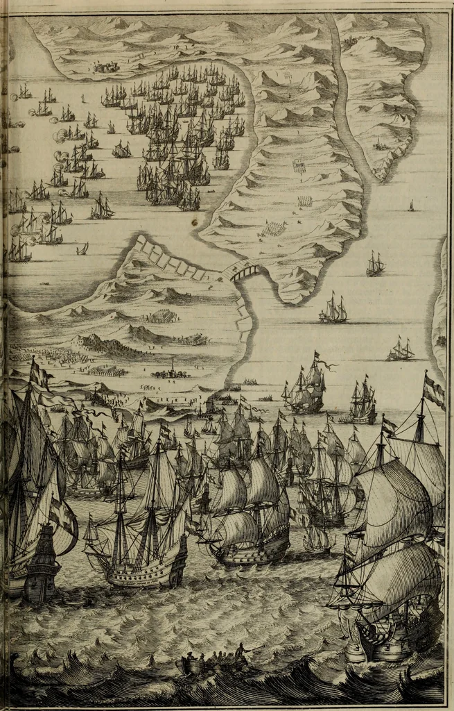 An illustration from Oorsprongk, Begin, en Vervolgh der Nederlandsche Oorlogen, beroerten, en Borgerlyke Oneenigheden : beginnende met d'opdracht der selve Landen, gedaen by Keyser Karel den Vijfden, aen sijnen Soon Konink Philippus van Spanjen, en eindigende met het einde van 't jaer M D C, 1679, leaf 261