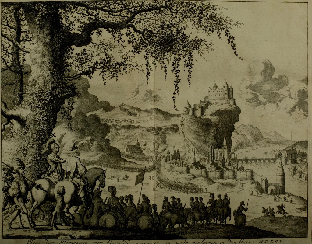 An illustration from Oorsprongk, Begin, en Vervolgh der Nederlandsche Oorlogen, beroerten, en Borgerlyke Oneenigheden : beginnende met d'opdracht der selve Landen, gedaen by Keyser Karel den Vijfden, aen sijnen Soon Konink Philippus van Spanjen, en eindigende met het einde van 't jaer M D C, 1679, leaf 27