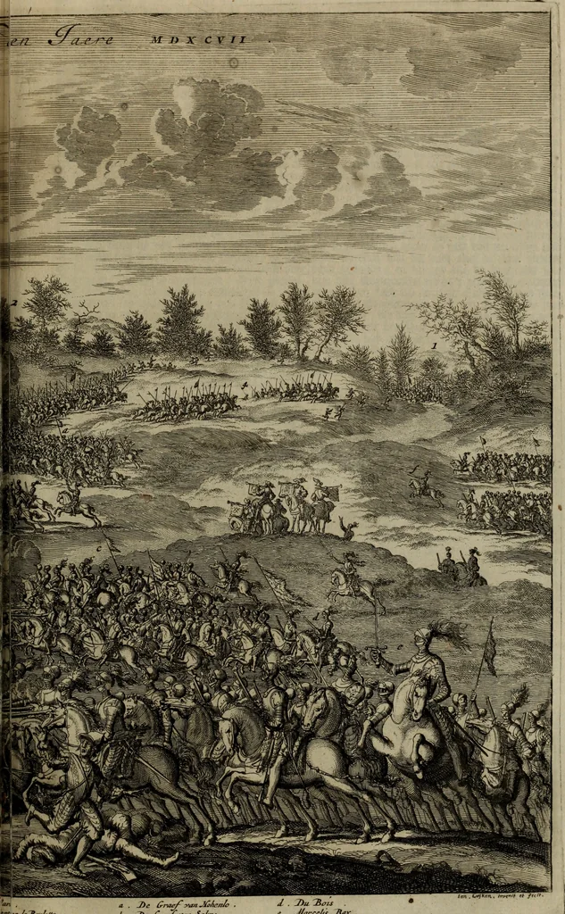 An illustration from Oorsprongk, Begin, en Vervolgh der Nederlandsche Oorlogen, beroerten, en Borgerlyke Oneenigheden : beginnende met d'opdracht der selve Landen, gedaen by Keyser Karel den Vijfden, aen sijnen Soon Konink Philippus van Spanjen, en eindigende met het einde van 't jaer M D C, 1679, leaf 338