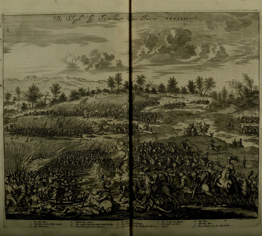 An illustration from Oorsprongk, Begin, en Vervolgh der Nederlandsche Oorlogen, beroerten, en Borgerlyke Oneenigheden : beginnende met d'opdracht der selve Landen, gedaen by Keyser Karel den Vijfden, aen sijnen Soon Konink Philippus van Spanjen, en eindigende met het einde van 't jaer M D C, 1679, leaf 339