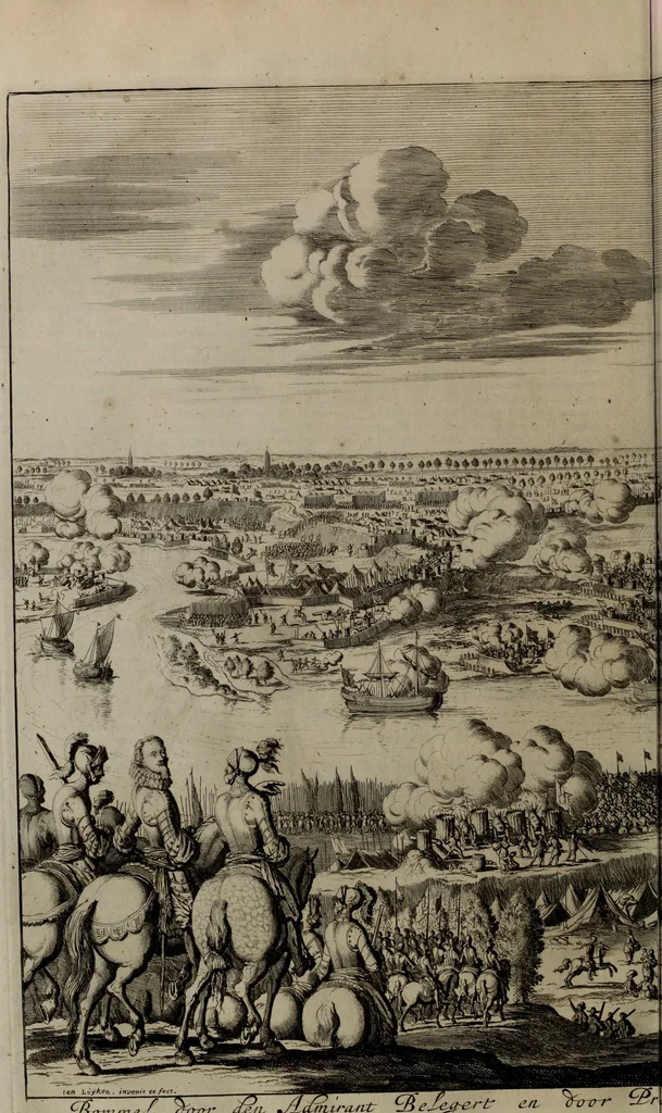 An illustration from Oorsprongk, Begin, en Vervolgh der Nederlandsche Oorlogen, beroerten, en Borgerlyke Oneenigheden : beginnende met d'opdracht der selve Landen, gedaen by Keyser Karel den Vijfden, aen sijnen Soon Konink Philippus van Spanjen, en eindigende met het einde van 't jaer M D C, 1679, leaf 590