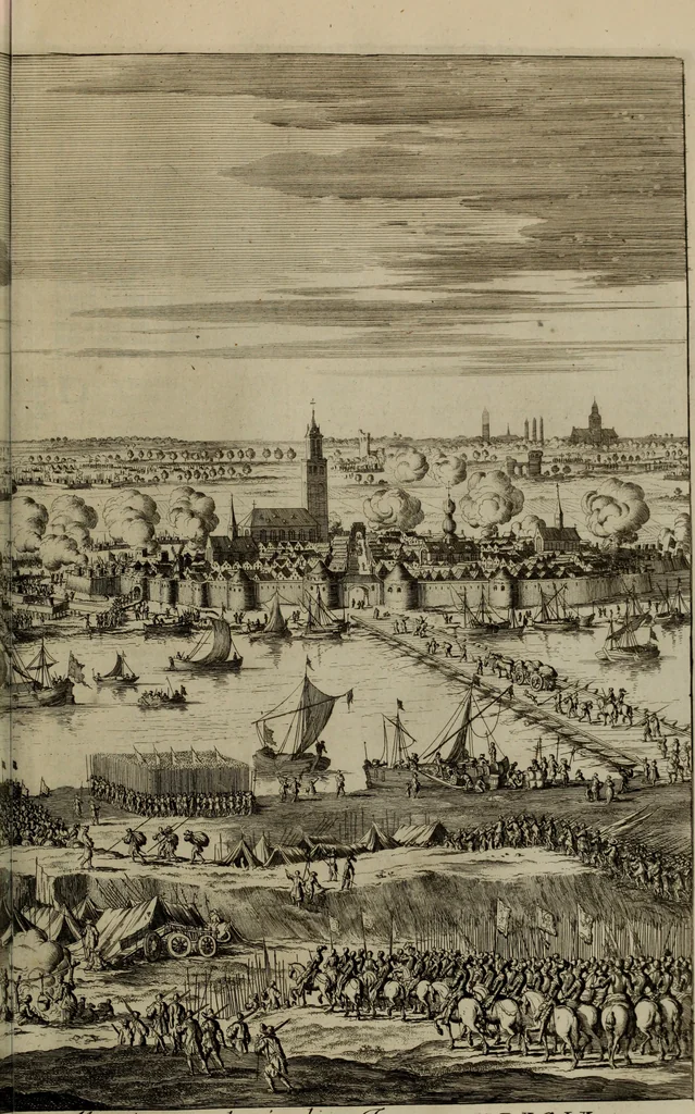 An illustration from Oorsprongk, Begin, en Vervolgh der Nederlandsche Oorlogen, beroerten, en Borgerlyke Oneenigheden : beginnende met d'opdracht der selve Landen, gedaen by Keyser Karel den Vijfden, aen sijnen Soon Konink Philippus van Spanjen, en eindigende met het einde van 't jaer M D C, 1679, leaf 591