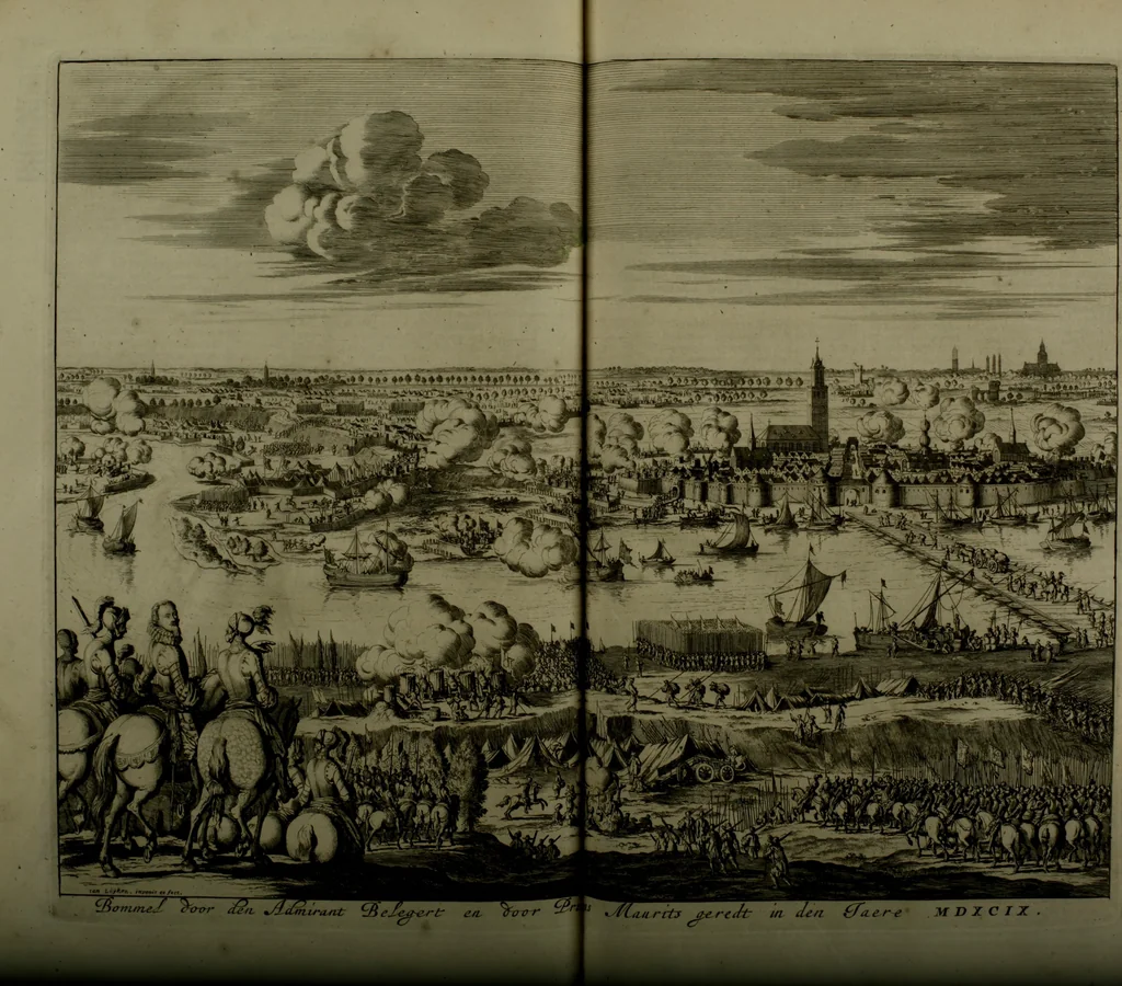 An illustration from Oorsprongk, Begin, en Vervolgh der Nederlandsche Oorlogen, beroerten, en Borgerlyke Oneenigheden : beginnende met d'opdracht der selve Landen, gedaen by Keyser Karel den Vijfden, aen sijnen Soon Konink Philippus van Spanjen, en eindigende met het einde van 't jaer M D C, 1679, leaf 592