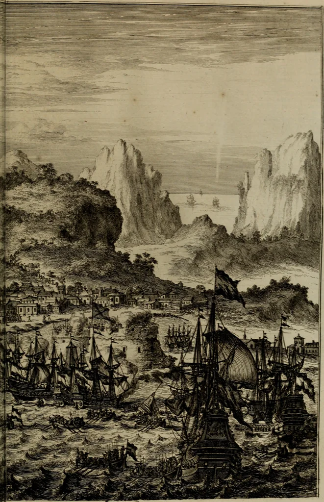 An illustration from Oorsprongk, Begin, en Vervolgh der Nederlandsche Oorlogen, beroerten, en Borgerlyke Oneenigheden : beginnende met d'opdracht der selve Landen, gedaen by Keyser Karel den Vijfden, aen sijnen Soon Konink Philippus van Spanjen, en eindigende met het einde van 't jaer M D C, 1679, leaf 610