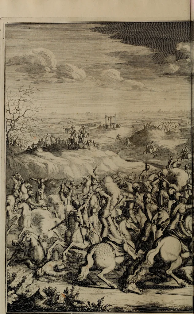 An illustration from Oorsprongk, Begin, en Vervolgh der Nederlandsche Oorlogen, beroerten, en Borgerlyke Oneenigheden : beginnende met d'opdracht der selve Landen, gedaen by Keyser Karel den Vijfden, aen sijnen Soon Konink Philippus van Spanjen, en eindigende met het einde van 't jaer M D C, 1679, leaf 650