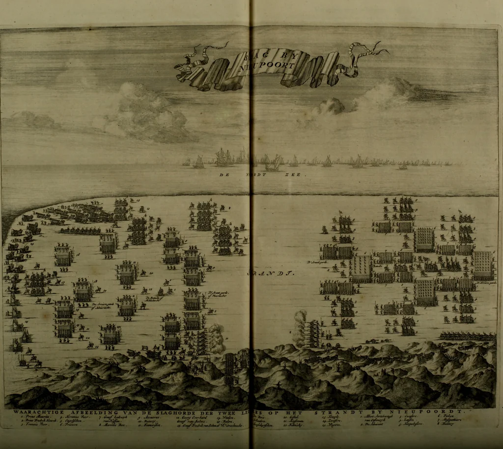 An illustration from Oorsprongk, Begin, en Vervolgh der Nederlandsche Oorlogen, beroerten, en Borgerlyke Oneenigheden : beginnende met d'opdracht der selve Landen, gedaen by Keyser Karel den Vijfden, aen sijnen Soon Konink Philippus van Spanjen, en eindigende met het einde van 't jaer M D C, 1679, leaf 712