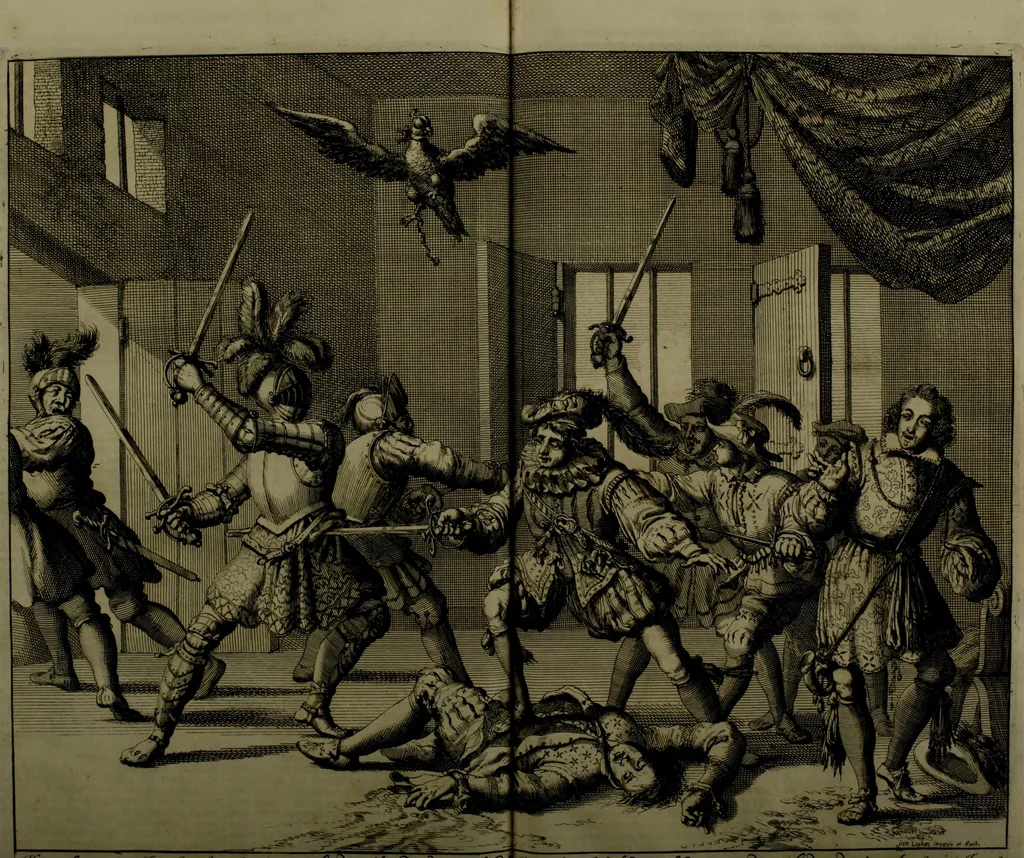 An illustration from Oorsprongk, Begin, en Vervolgh der Nederlandsche Oorlogen, beroerten, en Borgerlyke Oneenigheden : beginnende met d'opdracht der selve Landen, gedaen by Keyser Karel den Vijfden, aen sijnen Soon Konink Philippus van Spanjen, en eindigende met het einde van 't jaer M D C, 1679, leaf 725
